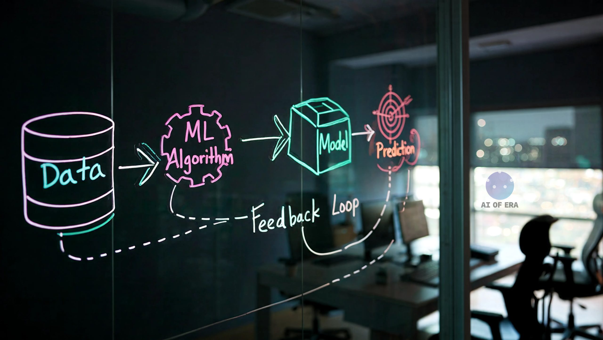 Machine Learning Process Flowchart - Data input, algorithm training, model creation, prediction, and feedback loop for continuous improvement.