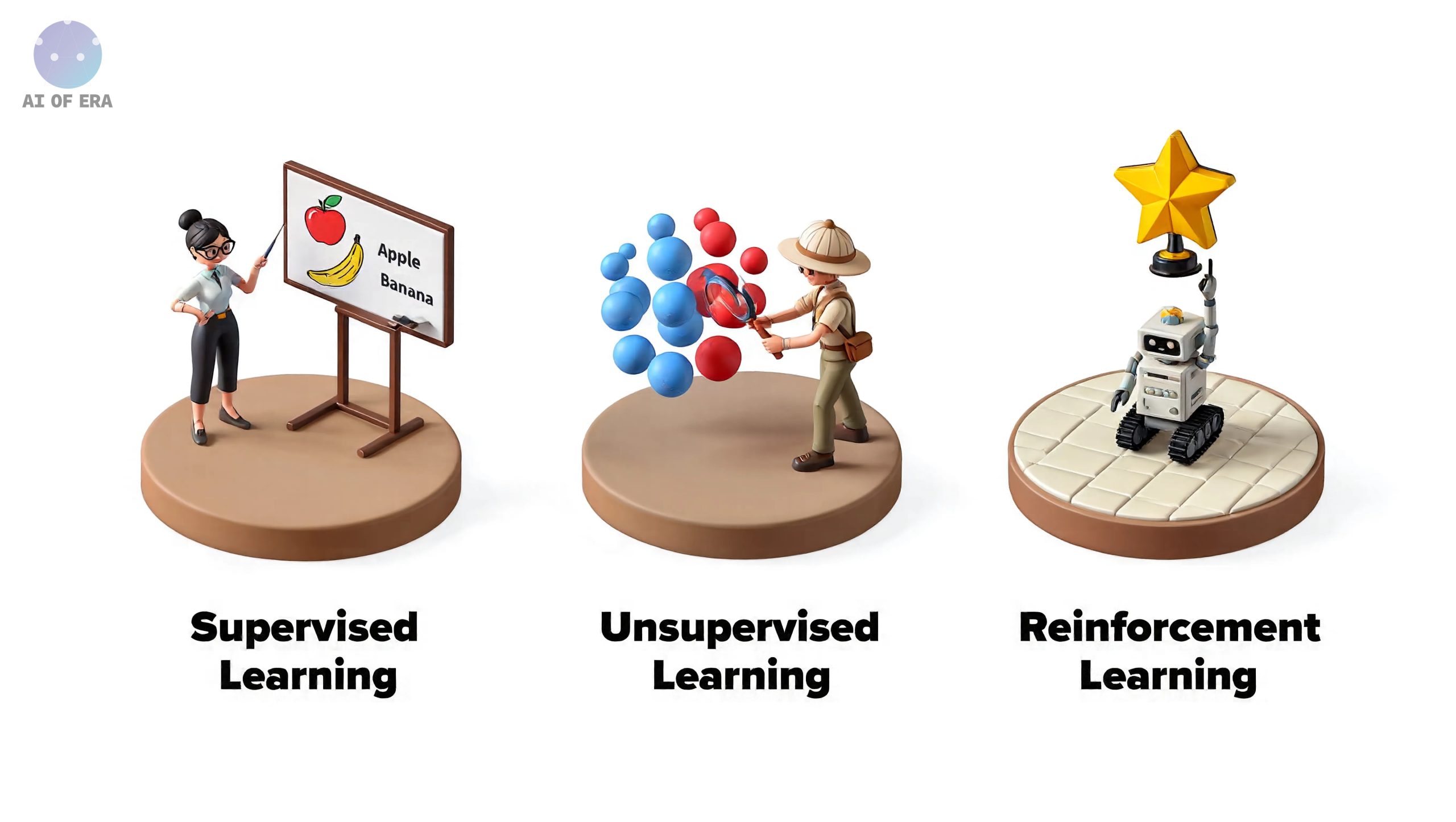 Three types of Machine Learning - Supervised, Unsupervised, and Reinforcement Learning visual examples.